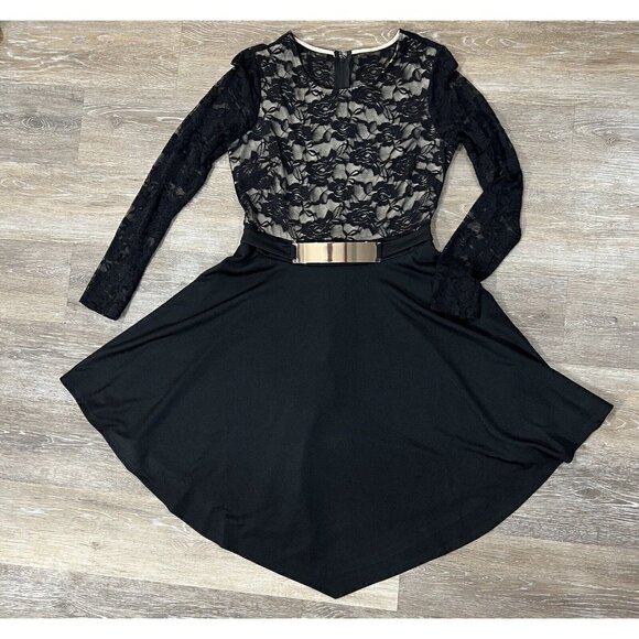 Venus Sz M Black Lace Long Sleeved Handkerchief Asymmetrical Hem Formal Dress - Picture 4 of 12